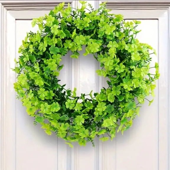 LEFTHIGH Home 12 Inch Artificial Green Wreath with Four Leaf Clover Decor - Plastic Hanging Door Wall Window Decoration for St. Patrick's Day and Home Room Decor