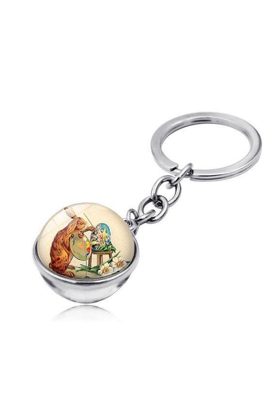 Home 1PC Easter Bunny Double Sided Glass Keychain Key Ring with Metal Chain Hand Made Electroplating Heat Treated Cute Gift Accessory 2cm Diameter Apartment Essentials