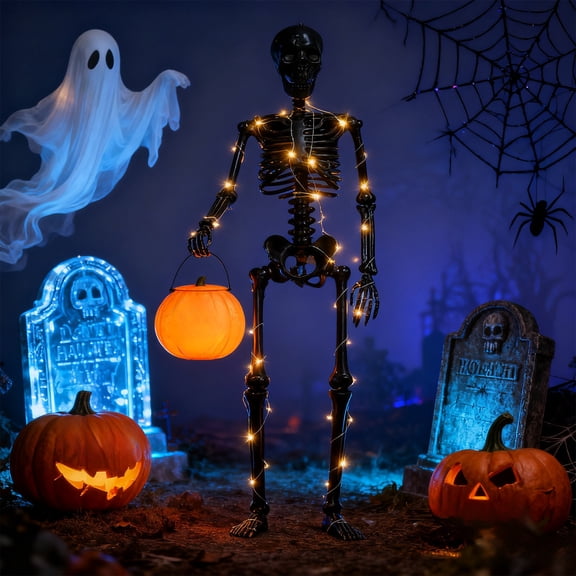 LEFTHIGH Home 36in Black Halloween Glowing Skeleton with Adjustable Joints and Light Up Wire Coil Posable Human Bone Decoration for Indoor Outdoor Horror Display Christmas Decor