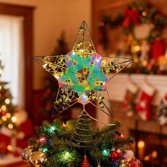 LEFTHIGH Home 3D Christmas Tree Topper Star LED Light Ornament Wrought Iron Five-Pointed Star with Glittering Ribbon for Tree Top 30x25cm Gold Multicolor Christmas Decorations for Home