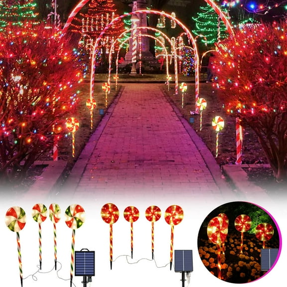 LEFTHIGH Home 4 Pack Christmas Solar Lights Outdoor, 80LED Lollipop Peppermint Lights, Candy Cane Christmas Decorations with Warm for Xmas Holiday Patio Yard Decorations