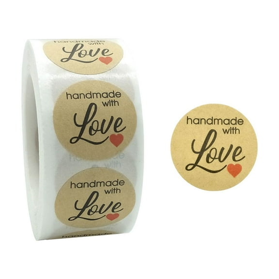 LEFTHIGH Home 500 Hand Made With Love Kraft Paper Stickers 1 Inch Labels for Packaging Baking Gift Boxing Round Adhesive Seals Per Roll Valentines Decor