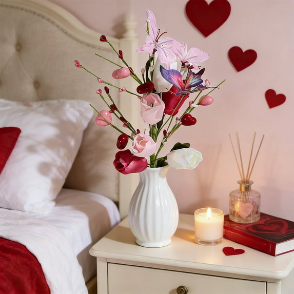 LEFTHIGH Home Artificial Tulips with Romantic Heart Shaped Fruit Branches Valentine's Day Decoration Plastic Floral Stems for Outdoor Garden Decor 44cm Tall Multicolor Holiday Gift
