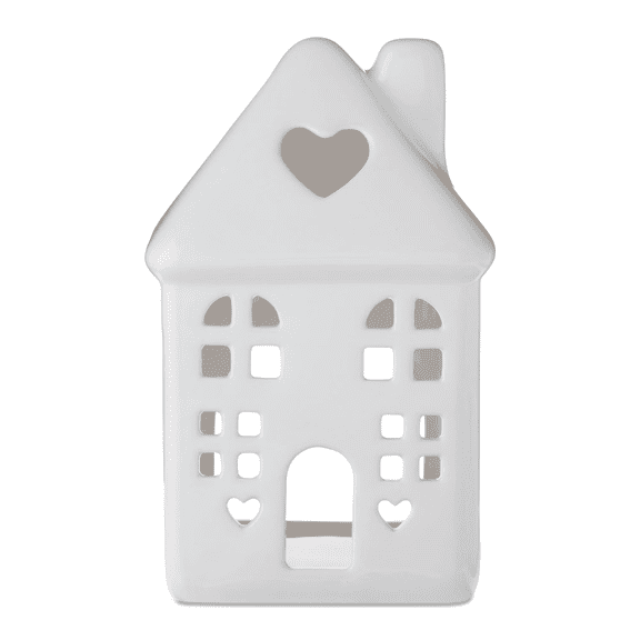 LEFTHIGH Home Ceramic House Tabletop Decoration with Window and Heart Cutouts 6 Inch Glossy Finish Valentine's Day Mantel Shelf Display for Candles Lights Home Goods