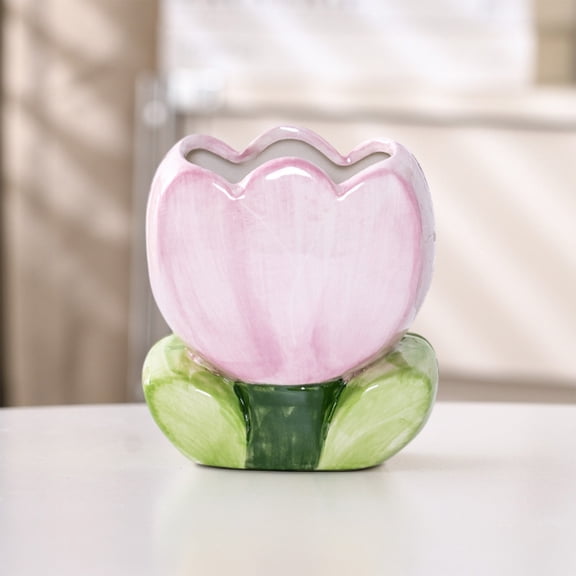 LEFTHIGH Home Chinoiserie Style Ceramic Tulip Pen Pot, Decorative Desktop Makeup Brush Holder and Mini Flower Vase, 12.2x11.3x6.9cm, Pink Red Yellow, Dehua Porcelain Gift Birthday Gifts