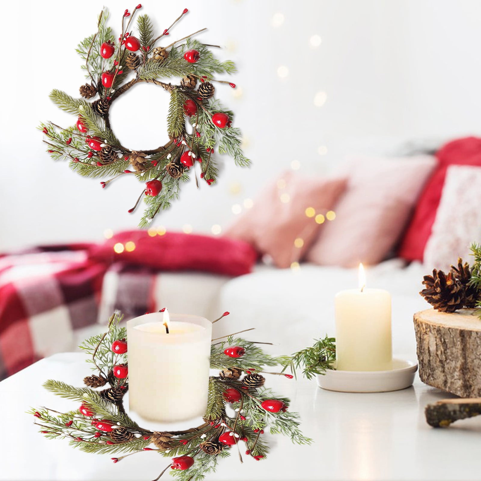 LEFTHIGH Home Christmas Candle Rings Artificial Red Berries Cedarwood ...