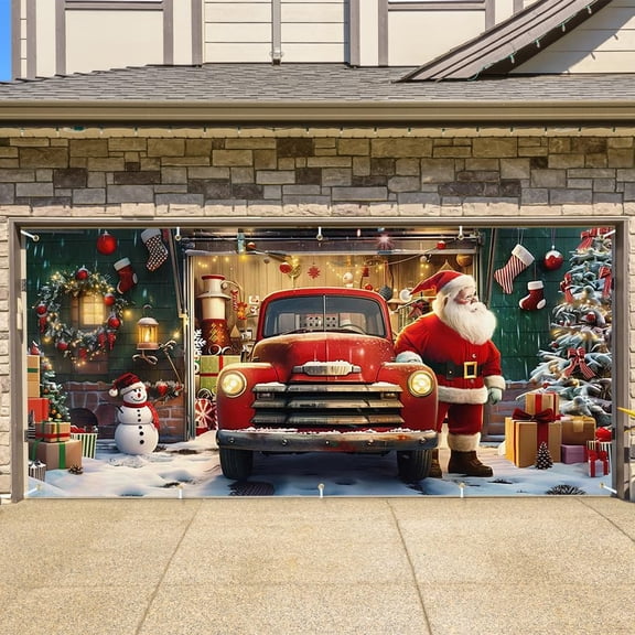 LEFTHIGH Home Christmas Garage Door Cover Santa Claus and Vintage Truck Holiday Decoration for 2-Car Garage Large Outdoor C for Christmas Festive Home Decor 7x16ft Christmas Decorations