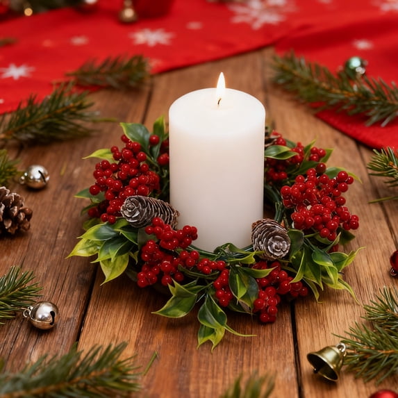 LEFTHIGH Home Christmas Wreath Candlestick Golden Berry Pine Cone Green 9.45in Table Centerpiece Holiday Plastic Decor Christmas Gifts
