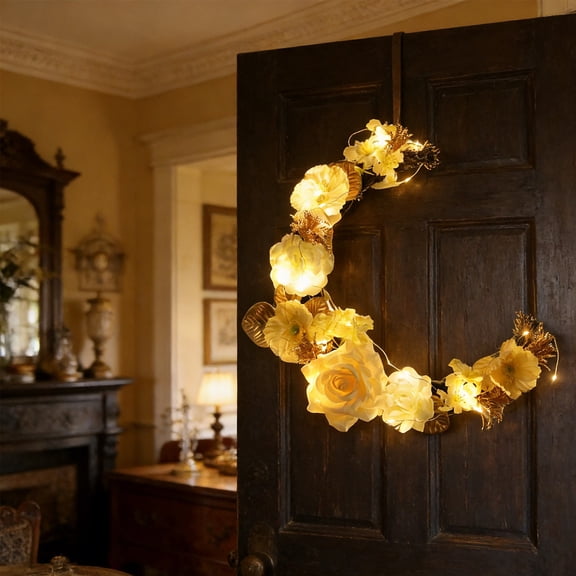 LEFTHIGH Home Crescent Shaped Artificial Flower Wreath with Metallic Leaves for Home Wedding Table Centerpiece