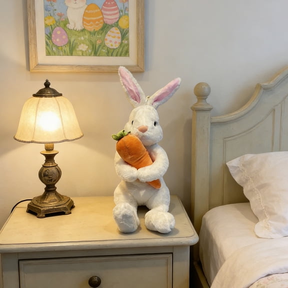 LEFTHIGH Home Cute Cartoon Rabbit Plush Toy Holding a Carrot White Bunny Stuffed Animal Soft Easter Decoration Gift for Kids Special Occasion Home Decor Home Needs