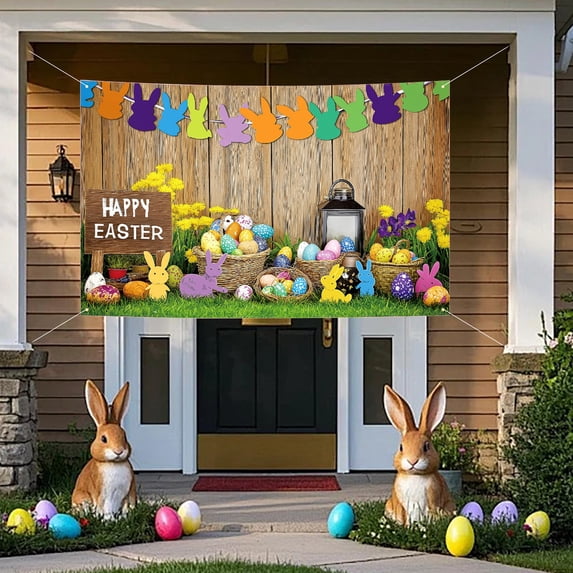 LEFTHIGH Home Easter Background Cloth Vinyl Party Photo Backdrop with Bunny and Egg Designs for Indoor Outdoor Celebrations Decor Prop Household Essentials