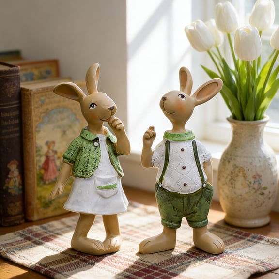 LEFTHIGH Home Easter Bunny Resin Ornaments Cartoon Rabbits Courtyard Desktop Cute Healing Decor Set of 2 Hand Painted Figurines for Home Gift Spring Decoration Kitchen