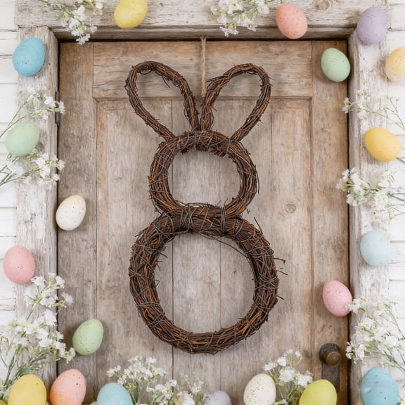 LEFTHIGH Home Easter Double Circles Bunny Wicker Wreath Plastic 16.3 Inch for Home Holiday Door Wall Mantel Spring Decoration House Items