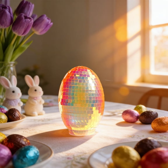 LEFTHIGH Home Easter Egg Decorations Glass Mirror Balls Sparkling Egg Desktop Ornaments with LED Lights Multicolor Orange Green Home Goods