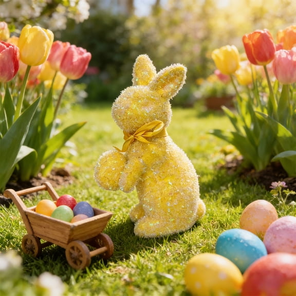 LEFTHIGH Home Easter Multi-Expression Flocked Bunny Foam Glittery Simulation Pastel Orange Yellow Green Pink Purple Decorative Home Garden Patio Easter
