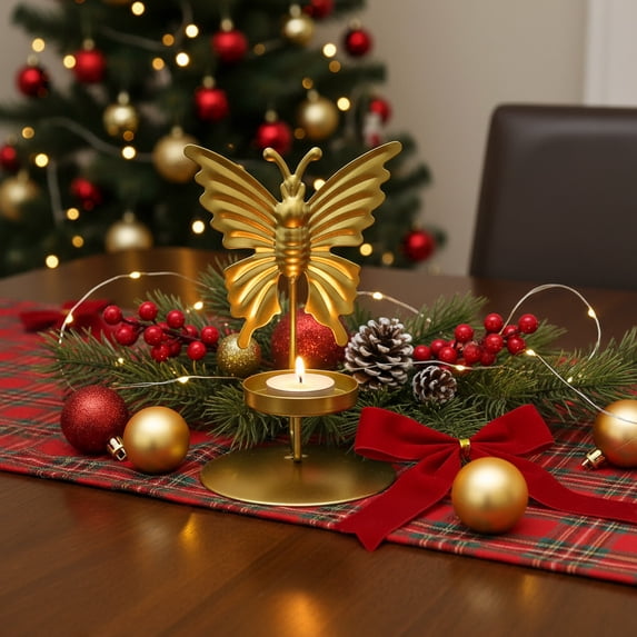 LEFTHIGH Home Five Wrought Iron Candlesticks Set Maple Leaf Butterfly Flower Ginkgo Leaf Designs Gold Romantic Dining Table Decor 15x9cm Christmas Kitchen Decor