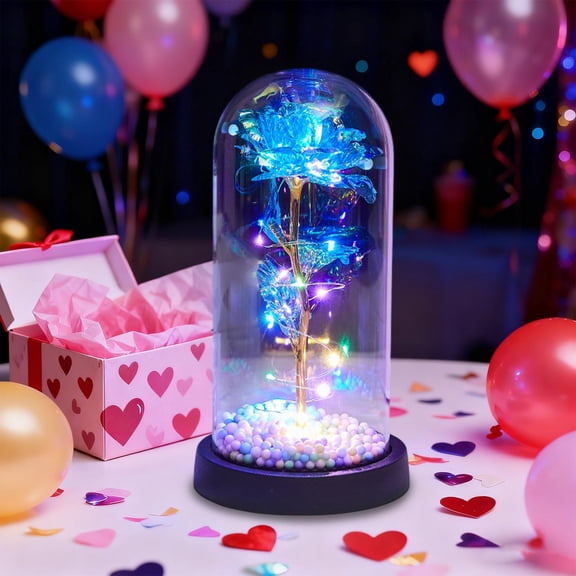 LEFTHIGH Home Gold Leaf Rose Glass Dome Gold Plated Artificial Rose Luxurious Birthday Gift Exquisite February 14 Festive Present with LED Lights 21x11cm Christmas Decor