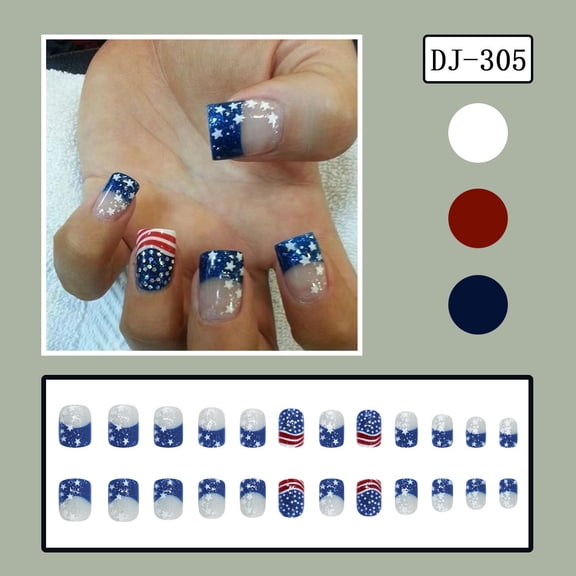 LEFTHIGH Home Independence Day Press On Nails 24Pcs Red White Blue Flag Star Designs Short Reusable Acrylic Artificial Nails for 4th of July Parties