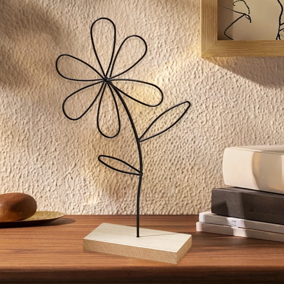 LEFTHIGH Home Iron Flower Sculpture on Wood Plank Base - Vintage Farmhouse Home Decor for Living Room TV Cabinet Shelf and Gift Christmas Gifts