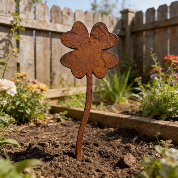 LEFTHIGH Home Iron Four Leaf Clover Garden Stake Outdoor Yard Art White Rustic Weathered Metal Flower Bed Patio Welcoming Durable Visual Symbol 25.3cm St Patricks Day Accessories
