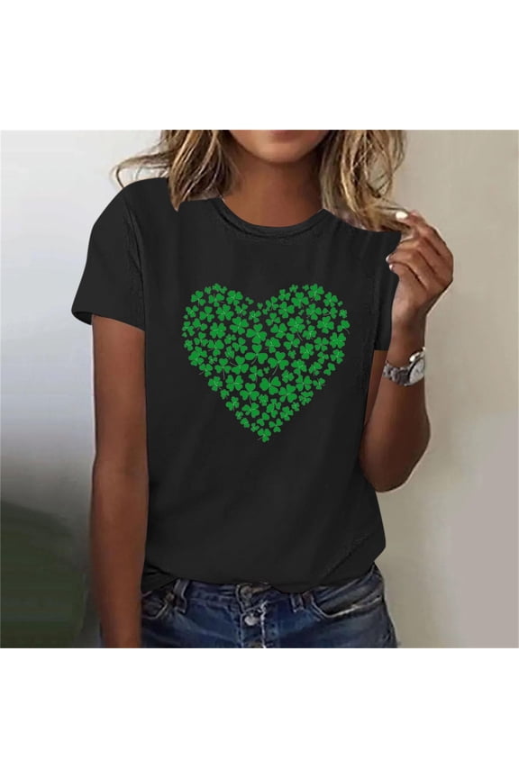 Home Ladies St. Patricks Day Printed Round Neck Short Sleeve Shirt Casual Top for Women Daily Wear Home and Kitchen