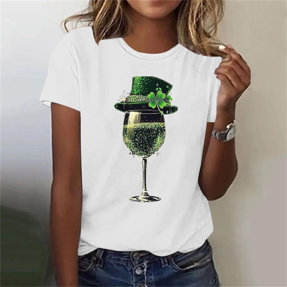 LEFTHIGH Home Ladies St. Patricks Day Printed Round Neck Short Sleeve Shirt Polyester Top for Women Daily Party Spring Summer Home Decor