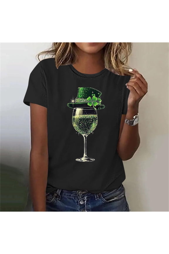 Home Ladies St. Patricks Day Printed Round Neck Short Sleeve Shirt Polyester Top for Women Daily Party Spring Summer Home Needs