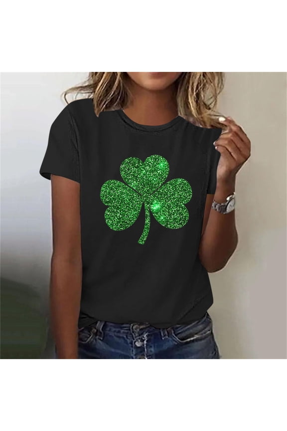 Home Ladies St. Patricks Day Printed Round Neck Short Sleeve Shirt Polyester Top for Women Party Home Goods