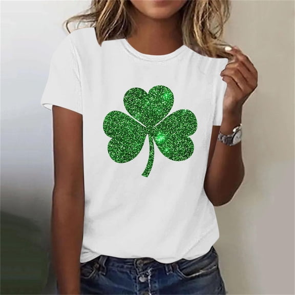 LEFTHIGH Home Ladies St. Patricks Day Printed Round Neck Short Sleeve Shirt Polyester Top for Women Party New Home Essentials