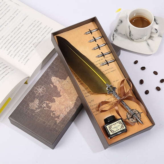 LEFTHIGH Home Map Creative Pen Gift Box Crown Feather Pen Set with Brass Body Gold Nib 3ml Ink Cartridges Glass Inkwell Leather Rest Writing Home Decor