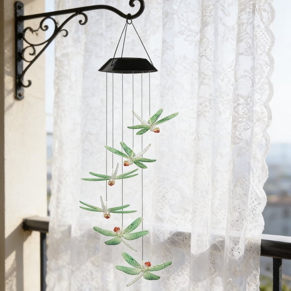 LEFTHIGH Home Outdoor Solar Wind Chime with LED Lights Garden Dragonfly Decoration Hanging Metal Lantern for Patio Balcony Yard 28.74 Inch