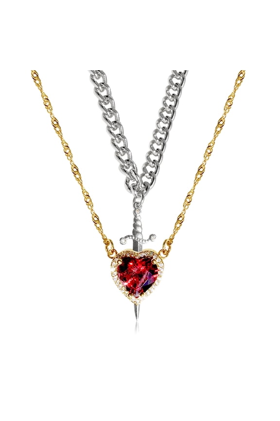 Home Red Crystal Heart Shaped Dagger Pendant Necklace Stainless Steel Layered Collarbone Chain for Women Valentines Anniversary Gift 45cm Valentines Decor