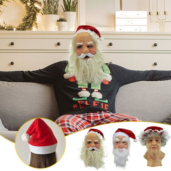 LEFTHIGH Home Santa Claus Head Set, Christmas Hat, White Beard Grandpa Mask, Party Dressing Gifts