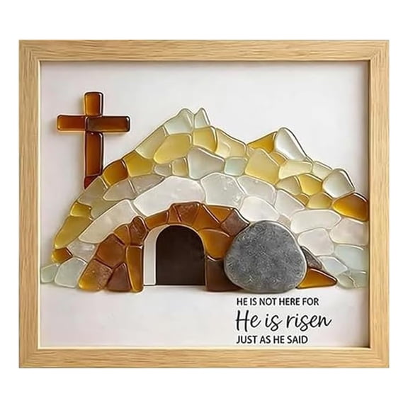 LEFTHIGH Home Sea Glass Empty Tomb Resurrection Wall Art Wood Frame Handcrafted Christian Scripture Inspirational Easter Decor Matte 28:6 Meaningful Gift Room Decor