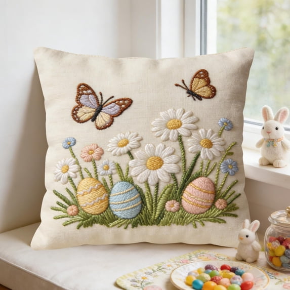 LEFTHIGH Home Short Lint Decorative Throw Pillow Cover 18x18 Inch Cute Embroidery Design for Sofa Bedroom Living Room Easter Home Decor Home Organization