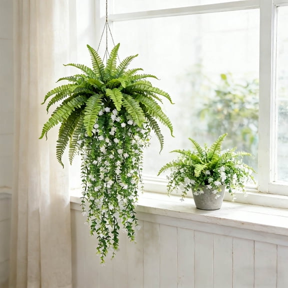 LEFTHIGH Home Simulated Wall Mounted Persian Leaf Artificial Fern Green Hanging Plants for Home Office 4 Pack