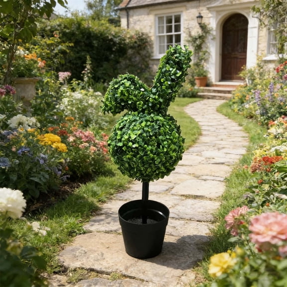 LEFTHIGH Home Simulation Green Plants Rabbit Topiary Artificial Boxwood in Black Pot for Easter Courtyard Garden Lawn Decor Household Essentials