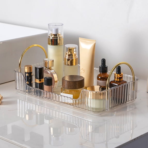 LEFTHIGH Home Transparent Ribbon Handle Bathroom Countertop Storage Box Sink Organizer First Layer Cosmetic Makeup Holder Clear Khaki Green 11.8x6.7x4.5 Inch Mens Gifts