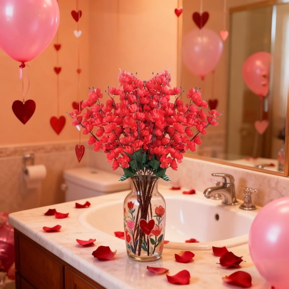 LEFTHIGH Home Valentines Day Faux Flower Bouquet Red Pink White 21.65in Romantic Desktop Wedding Photo Prop Decoration Teen Girl Gifts