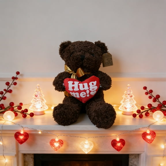 LEFTHIGH Home Valentines Day Teddy Bear Cuddly Toy Rag Doll 30x15x3cm Brown Khaki Plush with Hug Me Heart for Childrens Gift Home Decor Gifts