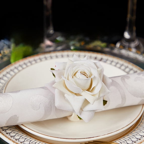 LEFTHIGH Home White Pink Red Navy Blue Fabric Rose Napkin Rings Set of 4 Simulated Floral Napkin Holders for Wedding Dining Table Decor Desktop Decoration Valentines Day Gifts