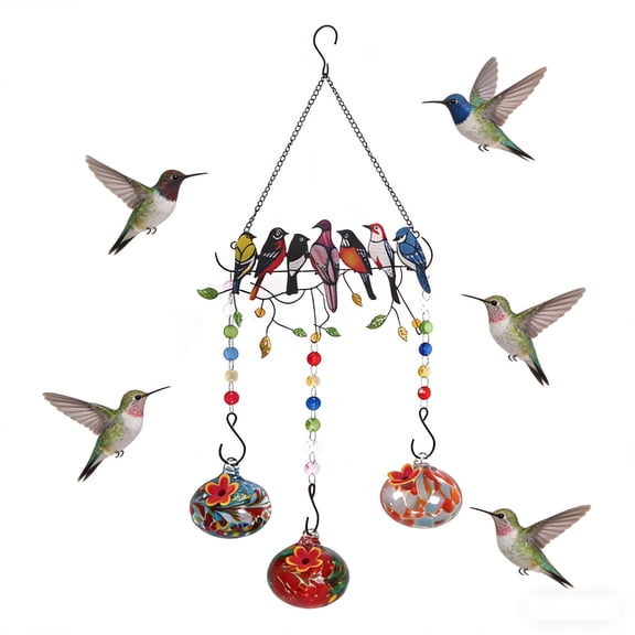 LEFTHIGH Home Wind Chimes Feeder, Glass Bird Feeder with Metal Frame, Garden Decor Gifts for Mom, Hanging, 23.62in