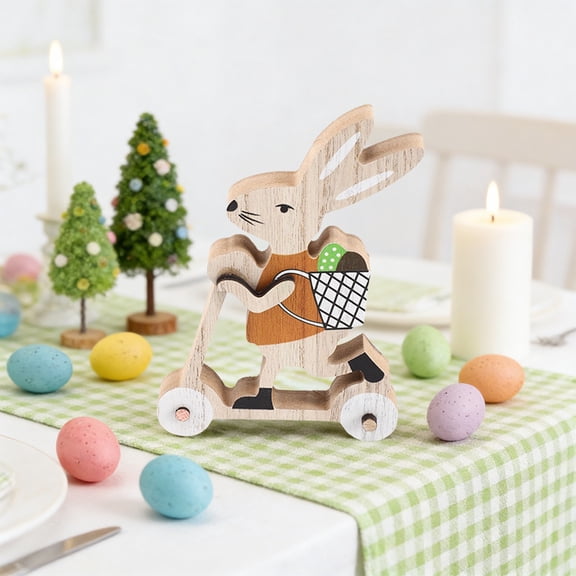 LEFTHIGH Home Wooden Easter Bunny Riding Basket Figurine Handcrafted Solid Wood Ornament for Home Party Shelf Tabletop Decoration 13.5x9.5x1.5cm Kitchen