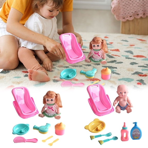 LEFTHIGH Toys Enamelled Mini Simulation Cradle Doll Carrying Basket Tableware Bath Action Figure Set Gifts