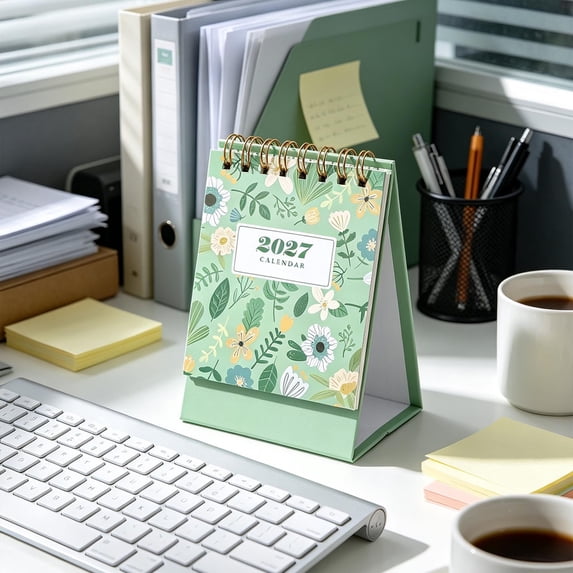 LEFXSMR 2027 Desk Calendar, Fresh Scenery Portable Standing Thick Desk Calendar, Spiral Bound Mini 12 Monthly Calendar Planner for Home Office Desktop