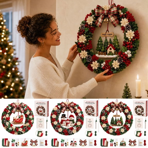 LEFXSMR 3D Fabric Poke Wreath Diy Kit, 11.8" Handmade Christmas Door Wreath for Beginner, Christmas Decorations for Front Door Window Wall