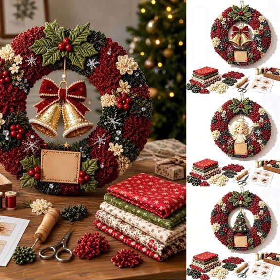 LEFXSMR 3D Fabric Poke Wreath Diy Kit, 7.87" Handmade Christmas Wreath for Beginner, Christmas Decorations for Home Front Door Window Wall