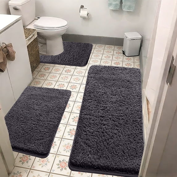 LEFXSMR Bathroom Rug Set, 3 Set Shaggy Soft Thick Plush Bathroom Rugs, Non-slip Quick Dry Absorbent Bath Mats for Bathroom Toilet Tub Shower, Black