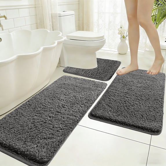 LEFXSMR Bathroom Rug Set, 3 Set Shaggy Soft Thick Plush Bathroom Rugs, Non-slip Quick Dry Absorbent Bath Mats for Bathroom Toilet Tub Shower, Gray