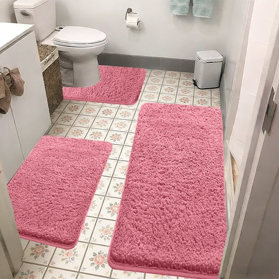 LEFXSMR Bathroom Rug Set, 3 Set Shaggy Soft Thick Plush Bathroom Rugs, Non-slip Quick Dry Absorbent Bath Mats for Bathroom Toilet Tub Shower, Pink